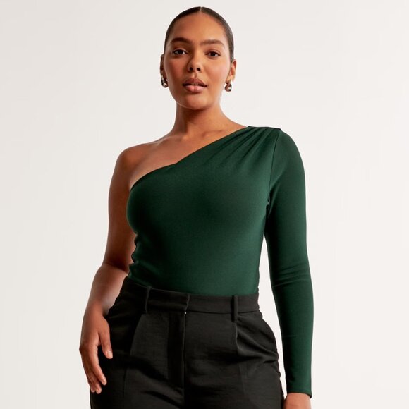 Abercrombie Long-Sleeve Crepe Asymmetrical One-Shoulder Bodysuit NWT - Picture 1 of 9